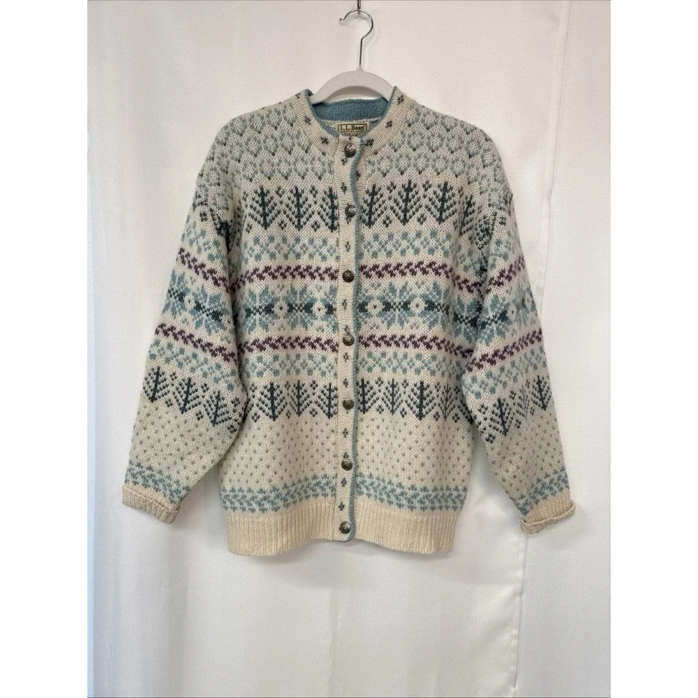 Vintage 90s L.L. Bean Fair Isle Cardigan Sweater Women's Sz L/XL Ivory Blue